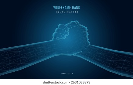 Mano de estructura de alambre futurista, con una luz brillante de malla. IA, tecnología o concepto de conexión.