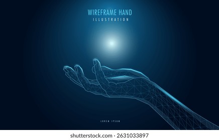 Futuristic wireframe hand, with a mesh glowing light. AI, technology, or connection concept.