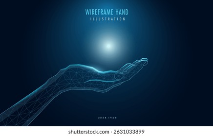 Futuristic wireframe hand, with a mesh glowing light. AI, technology, or connection concept.