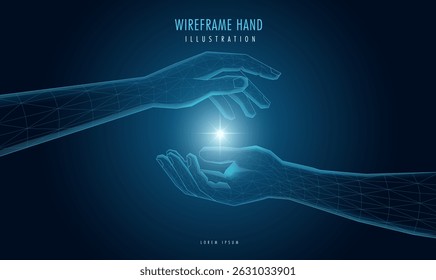 Futuristic wireframe hand, with a mesh glowing light. AI, technology, or connection concept.