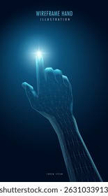Mão de arame futurista, com uma luz brilhante de malha. IA, tecnologia ou conceito de conexão.