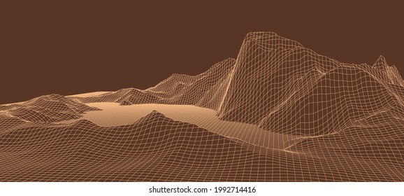Futuristic wireframe landscape background. Digital retro landscape 1980s style. Vector illustration.