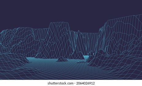 Fondo paisajístico futurista de la estructura alambrada. Paisaje retro digital al estilo de los años 80. Ilustración vectorial.