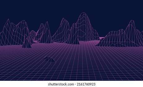 Futuristic wireframe landscape background. Digital retro landscape 1980s style. Vector illustration.