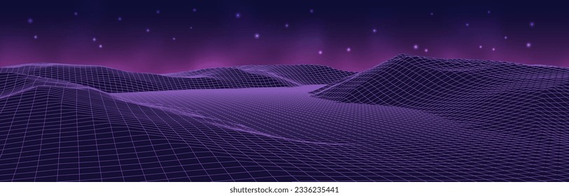 Futuristic wireframe landscape background. Digital retro landscape 1980s style. Vector illustration.	