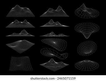 Futuristic wireframe mesh grid. 3d vector geometric shapes, futuristic and technical visualization of landscapes and funnels. Abstract cyberpunk, space, technological, virtual reality linear graphics