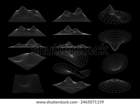 Futuristic wireframe mesh grid. 3d vector geometric shapes, futuristic and technical visualization of landscapes and funnels. Abstract cyberpunk, space, technological, virtual reality linear graphics