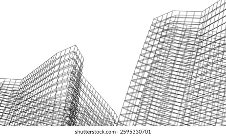 Futuristic Wireframe Skyscrapers – Abstract 3D Architectural Cityscape with Modern Geometric Structures
