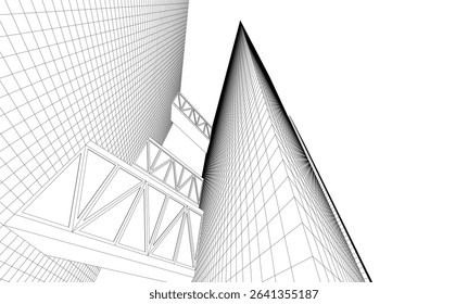 Futuristic Wireframe Skyscrapers – Abstract 3D Architectural Cityscape with Modern Geometric Structures
