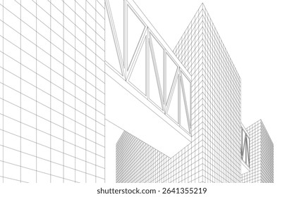 Futuristic Wireframe Skyscrapers – Abstract 3D Architectural Cityscape with Modern Geometric Structures
