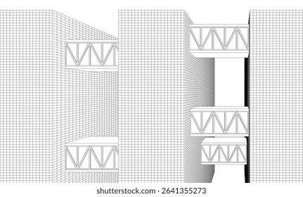 Futuristic Wireframe Skyscrapers – Abstract 3D Architectural Cityscape with Modern Geometric Structures

