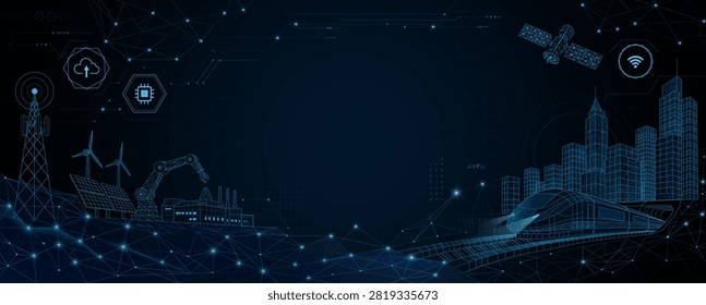 Futuristic wireframe smart city banner featuring IoT infrastructure, 5G communication tower, renewable energy, industrial automation, satellite network and high-speed transportation with copy space.