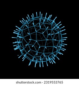 Futuristische Wireframe-Kugel, 3D-Ball-Form oder Struktur. Cyber-blue-wire-Modell, Datenvisualisierung virtueller Vektorball oder digitale Technologie Wireframe-Hologramm. Futuristische dimensionale Gitterkugel