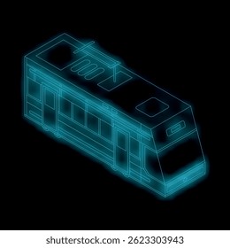 Futuristic wireframe tram glowing on black background, modern public transportation concept