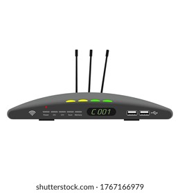 Futuristic wireless satellite receiver with display and three antennas isolated on white. Gray case with USB ports and control buttons. TV control device. Vector EPS 10.