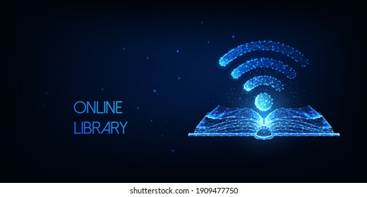 Futuristic Wireless transmission of knowledge, Remote access information concept with glowing low poly book and wifi symbol on dark blue background. Modern wire frame mesh design vector illustration.