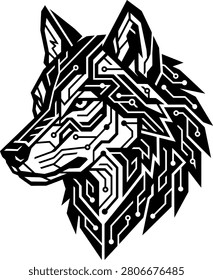 Futuristic wolf silhouette merging with circuit board design
