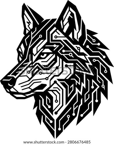 Futuristic wolf silhouette merging with circuit board design