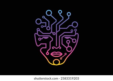 Futuristic Woman Face with Intricate Circuit Board Design, Vector Art Illustration of a Cyberpunk Female in Tech, Featuring AI, Augmented Reality, and Modern Technology with Vibrant Gradient Colors