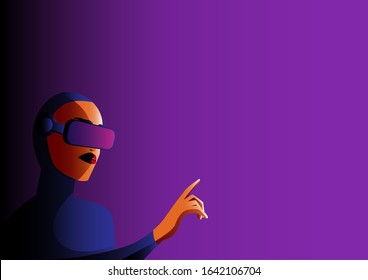 Futuristic woman or girl in virtual reality glasses with copy space nearby