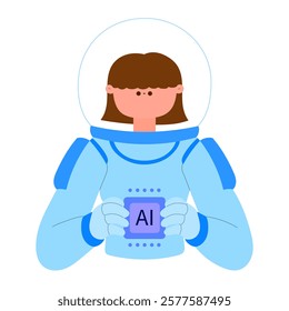 Futuristic woman in a space suit holding AI symbol, symbolizing advanced technology and innovation