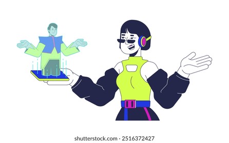 Futuristic woman talking to hologram man 2D cartoon characters. Techwear asian female phone. AR video chat friends diverse isolated people flat vector on white background. Spot illustration colorful