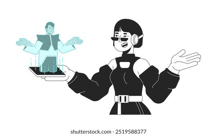 Futuristic woman talking to hologram man black and white 2D line characters. Techwear asian female phone. AR video chat friends diverse isolated vector outline people. Monochromatic spot illustration