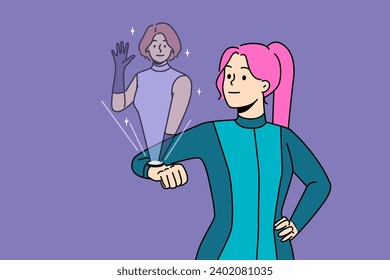 Futuristic woman uses watch with female friend hologram for remote communication and chatting. Brave girl from future sees hologram of person obtained thanks to augmented reality technology