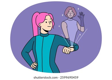 Futuristic woman uses watch with female friend hologram for remote communication and chatting. Brave girl from future sees hologram of person obtained thanks to augmented reality technology