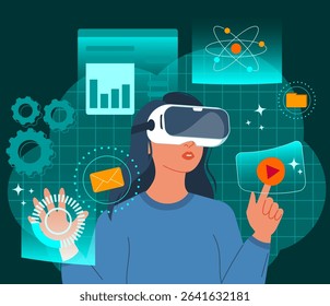 Futuristic woman using virtual reality headset, innovation and digital future concepts. Modern woman with VR headset working with business data. Virtual interface with science and technology icons. 