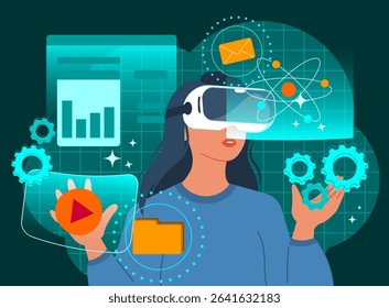 Futuristic woman using virtual reality headset, innovation and digital future concepts. Modern woman with VR headset working with business data. Virtual interface with science and technology icons. 