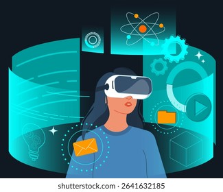 Futuristic woman using virtual reality headset, innovation and digital future concepts. Modern woman with VR headset working with business data. Virtual interface with science and technology icons. 