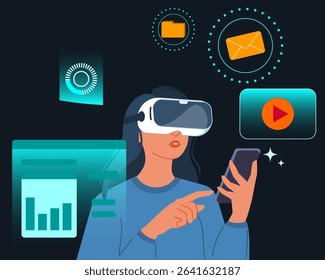 Futuristic woman using virtual reality headset, innovation and digital future concepts. Modern woman with VR headset working with business data. Virtual interface with science and technology icons. 