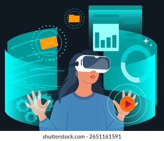 Futuristic woman using virtual reality headset, innovation and digital future concepts. Modern woman with VR headset working with business data. Virtual interface with science and technology icons. 