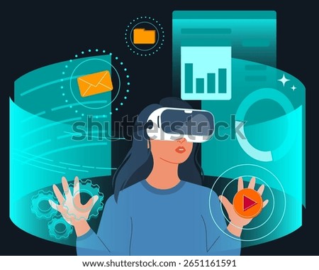 Futuristic woman using virtual reality headset, innovation and digital future concepts. Modern woman with VR headset working with business data. Virtual interface with science and technology icons. 