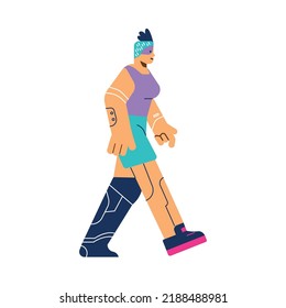 Futuristic woman walking with cybernetic implants and prosthesis, flat vector illustration isolated on white background. Cartoon character of cyborg, humanoid or artificial intelligence.