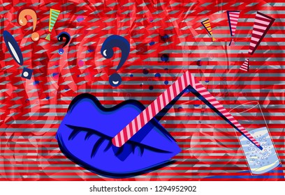 Futuristic work with blue lips and drink. For bars, cafes. Beverage Advertising