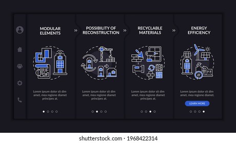 Plantilla vectorial de construcción de sitios de trabajo futurista. Sitio web móvil de respuesta con iconos. Recorrido de páginas Web 4 pantallas de paso. Reconstrucción, reciclado del concepto de modo nocturno con ilustraciones lineales