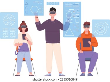 Futuristic workspace. People working with data in vr headset isolated on white background