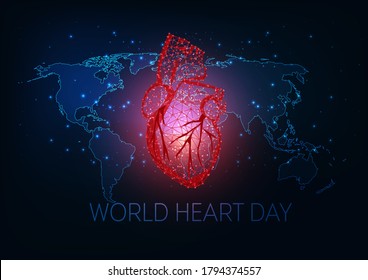 Futuristic World health day concept with glowing low polygonal anatomical heart and world map on dark blue background. Modern wire frame mesh design vector illustration. 