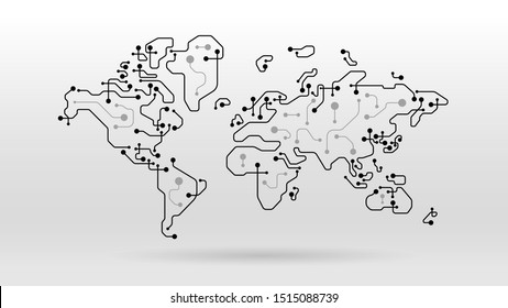 Futuristic world map circuit board data network connection abstract background