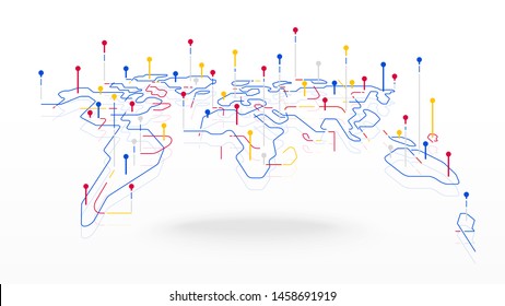 Futuristic world map data network connection elements abstract background