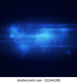 futuristic world map technology concept on motion flow background, vector illustration