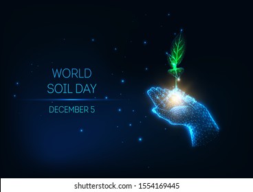 Futuristic World Soil Day concept with glowing low poly human hand holds green sprout on dark blue background. Sustainable growth and development. Modern wire frame mesh design vector illustration.