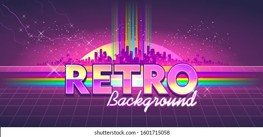 futuristic world of virtual reality, fictional landscape with space dimension portal in the 80s style, Retro fashion Sci-Fi Background vector illustration