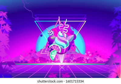futuristic world of virtual reality, fictional landscape with space dimension portal in the 80s style, Retro fashion Sci-Fi Background vector illustration
