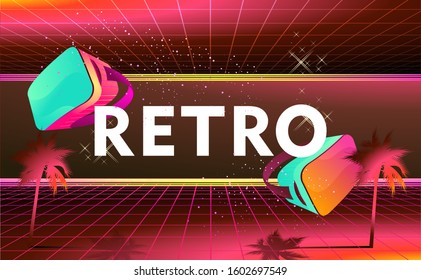 futuristic world of virtual reality, fictional landscape with space dimension portal in the 80s style, Retro fashion Sci-Fi Background vector illustration