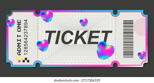 Futuristic Y2K, 90s ticket. Vector with bright gradients, holographic hearts, and geometric grid. Perfect for discos, parties, and modern music events.