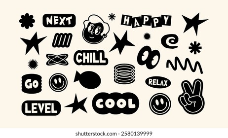 Futuristic Y2K black and white patches, labels, tags, stickers, and bracelet stamps in a retro 90s style. Bold cartoon designs with a hipster, groovy, and grunge aesthetic. 