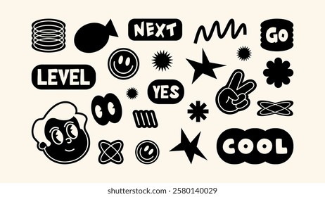 Futuristic Y2K black and white patches, labels, tags, stickers, and bracelet stamps with a retro 90s vibe. Minimalist cartoon designs with a grunge and groovy aesthetic. Trendy vector promo set.